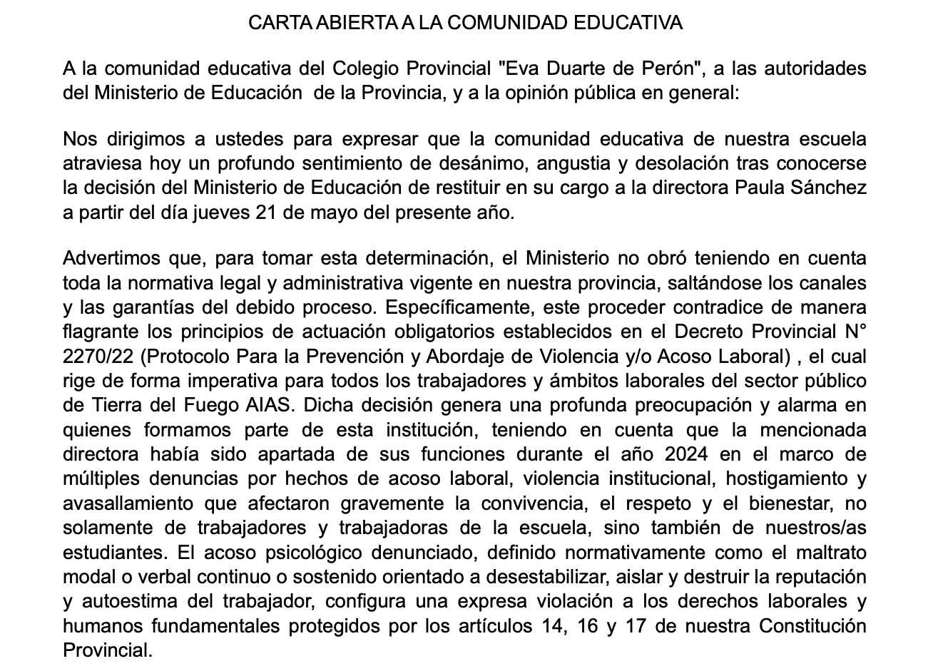 Comunidad educativa del Colegio Eva Duarte rechazó la restitución de la directora