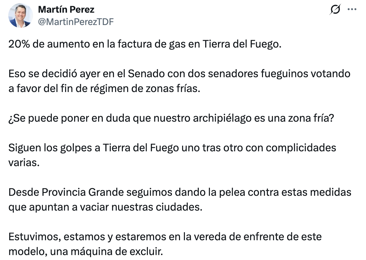 Martín Perez cruzó la reforma de Zona Fría: “20% de aumento en la factura de gas”